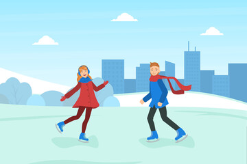 Smiling Boy and Girl Dressed in Warm Clothing Skating on Rink, Winter Sports Outdoor Activity Vector Illustration