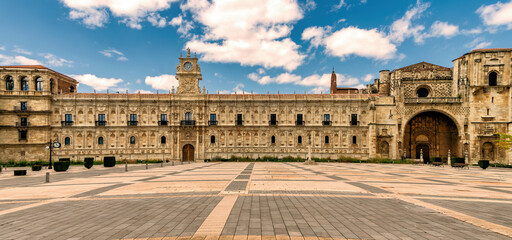 Panoramic view of San Marcos square and historic convent in the city of Leon, Spain; selective...