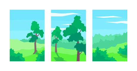 vector illustration, set of abstract landscapes, tree, bush, cloud sky, forest
