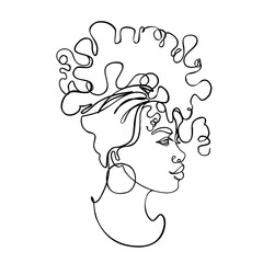Abstract portrait of young African American woman. Continuous one line drawing isolated on white. Vector illustration in simple modern style.