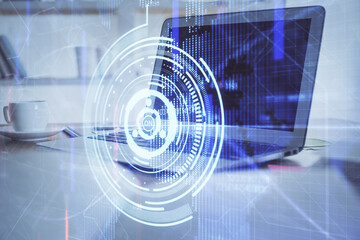 Double exposure of computer and technology theme drawing. Concept of innovation.