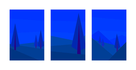 vector illustration, set of abstract geometric night landscapes, spruce, hill, mountain, clear sky