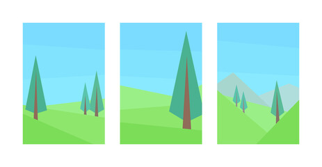 vector illustration, set of abstract geometric landscape, spruce, hill, mountain, clear sky