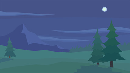 vector illustration, abstract night landscape, spruce forest, clouds, pick, mountain, plain, moon