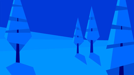 vector illustration, abstract geometric winter landscape, snow, plain, trees, night