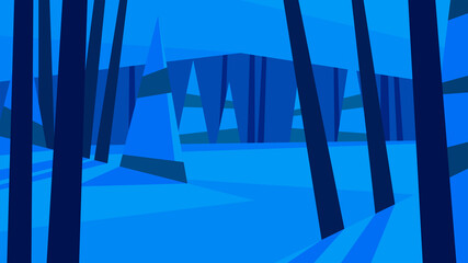 vector illustration, abstract geometric winter landscape, snow, forest, pine, spruce, trees, ice river, night