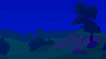 Fototapeta na wymiar vector illustration, abstract night landscape, clear sky, forest, tree, bush, stones, cliff