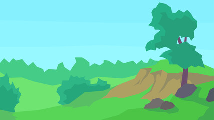 Obraz premium vector illustration, abstract landscape, clear sky, forest, tree, bush, stones, cliff