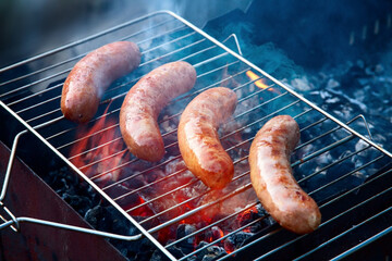 bar-b-q grilled sausages Fried sausages. Homemade sausages from turkey (chicken) fried isolated on...
