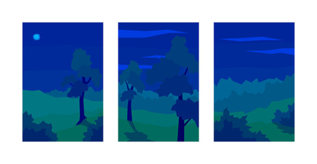 vector illustration, set of abstract night landscapes, tree, bush, cloud, sky, forest