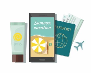 Summer travel concept. Passport, tickets airplane, sunscreen and mobile phone. Online booking 