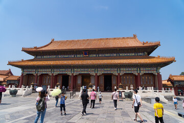 Beijing, China 07/21/2019 . Tiananmen Square is the large square near the center of Beijing, Gate of Heavenly Peace, Forbidden City. Eaves of traditional oriental ancient buildings.