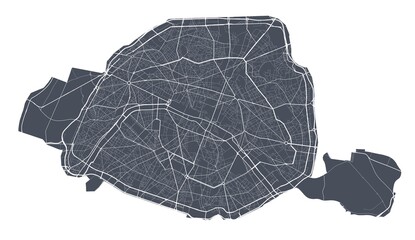 Paris map. Detailed map of Paris city poster with streets. Dark vector.