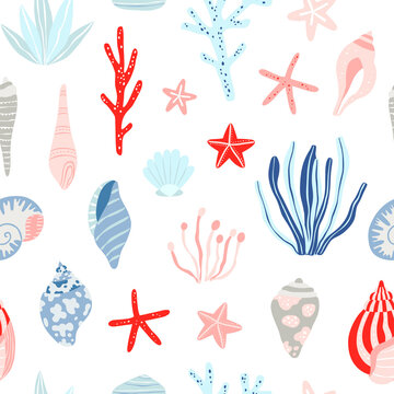 Seashell seamless pattern. Vector background with sea plants and sea shells. Underwater digital paper