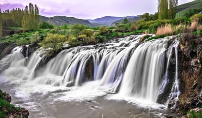 Fototapeta premium Van, Turkey - 21 May 2011: Muradiye waterfalls (Eastern Anatolia). Motion blur effect.