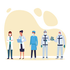 group of doctors wearing medical masks characters