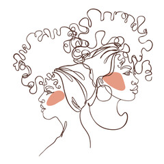 Abstract portrait of young two African American woman. Friends, sisters or couple. Continuous one line drawing isolated on white. Vector illustration in simple modern style.