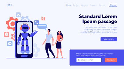 Young couple chatting with robotic assistant on smartphone screen. Chatbot helping customers with their problems. Vector illustration for customer support, help, automatic assistance concept