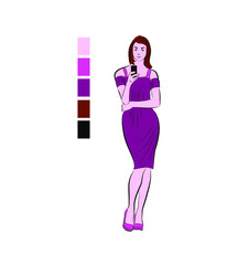 Vector color illustration of a standing girl with a phone. Isolated drawing of a young woman in a dress holding a phone.
