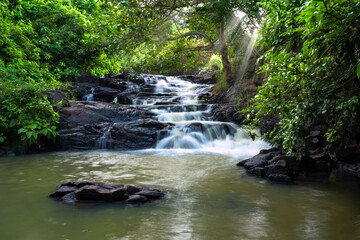 Fototapeta na wymiar Stream in the rainforest with soft flowing water like wool flowing through the cliff creates a peaceful landscape to relax soul and music