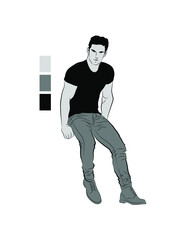 Vector image of a young man. Sketch of a seated man.Jeans and T-shirt on a man.