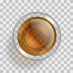 A glass with alcohol on a transparent background. Top view. Drink in a glass. View from above.