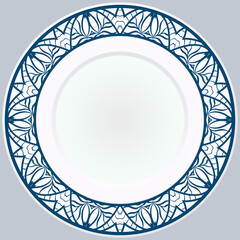 Decorative plate with round ornament in ethnic style. Fashion background with ornate dish. Vector illustration.