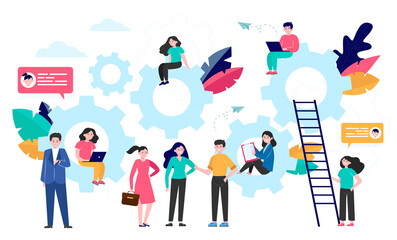 Tiny business people sitting on cogwheel and standing near it isolated flat vector illustration. Man and woman in strategy management system. Engineering, communication and teamwork concept