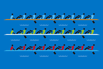 Rowing race eights. Stylized illustration of Rowers competitors on blue background.Vector available. © jiris