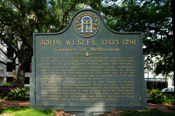 A Historical Marker dedicated to John Welsley 1703-1791Founder of Methodism. Situated in Savannah, Georgia.