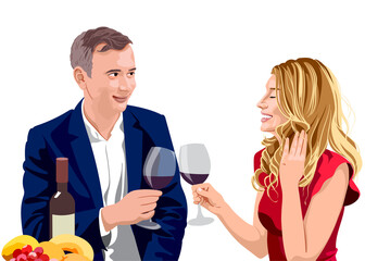 Mature couple clinking glasses of wine at a date. Man wearing suit and woman with blonde hair in red dress