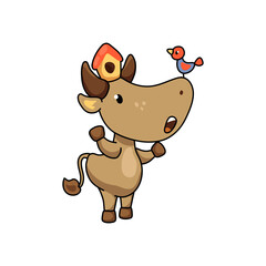 Cute ox character with birdhouse and bird. 2021 Year Lunar Zodiac Animal. Chinese New Year of Ox. Funny cow vector illustration on white background. Friendly bull mascot. Domestic farm animal icon