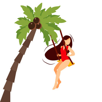 Young happy girl on the beach sits on a swing among palm trees. Travelling, summer vacation concept.