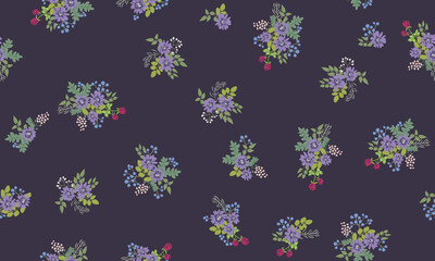 Seamless folk pattern in small wild flowers. Country style millefleurs. Floral meadow background for textile, wallpaper, pattern fills, covers, surface, print, gift wrap, scrapbooking, decoupage.