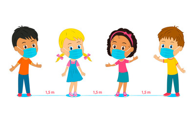 cartoon kids in medical protective masks at a social distance, illustration,vector