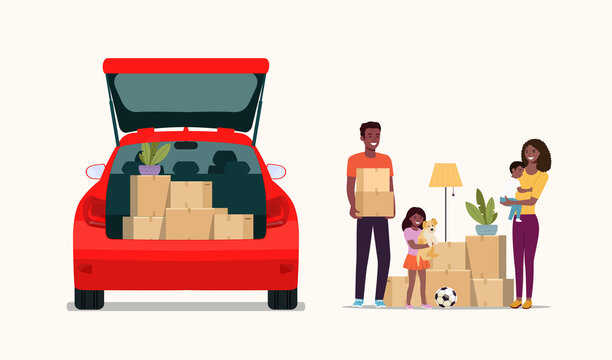 Afro american man, woman  and girl hold boxes. Moving house. Car with open door.  Vector flat style illustration.