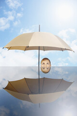 Businesswoman holding umbrella in conference room