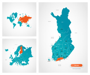 Editable template of map of Finland with marks. Finland on world map and on Europe map.