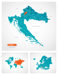 Editable template of map of Croatia with marks. Croatia on world map and on Europe map.