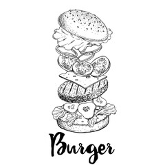 Hand drawn sketch style burger flying ingredients. Fast, street food. Cheeseburger with cucumber,  lettuce, tomato, onion and beef cutlet. Vector illustration for menu and package designs.