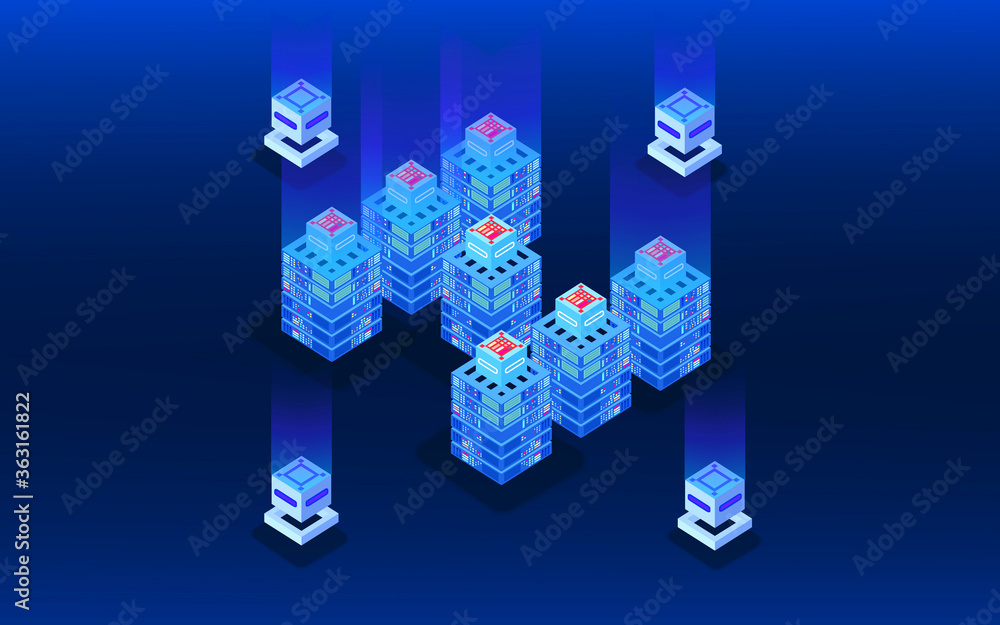 Poster hosting server in isometric view. futuristic blockchain banner. server farm for storing large amount