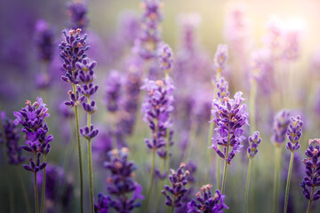 Fototapeta na wymiar Purple lavender flowers field at summer with burred background. Close-up macro image.