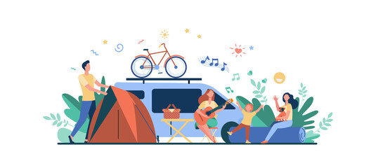 Happy group of tourists camping on nature isolated flat vector illustration. Cartoon friends with kids sitting near bonfire and trailer. Tourism, summer vacation and activity concept