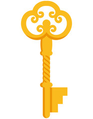 Golden vintage key. Antique key in cartoon style.