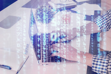 Multi exposure of tech drawings with man working on computer background. Concept of innovation.