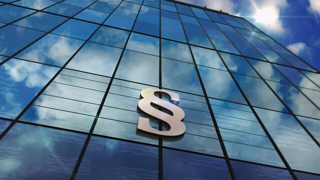 Justice court with paragraph symbol on glass building. Mirrored sky and city modern facade. Law, legal, equity, judicature and public courthouse concept seamless and loopable 3D rendering animation.