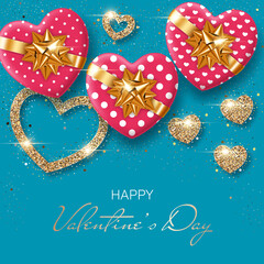 Valentines Day background with heart-shaped gift boxes and stylized hearts made of golden confetti. Greeting card, party invitation or sale banner template