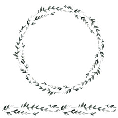 Botanical wreath. Flowers, leaves and branches in round frame. Vintage design for logo, wedding invitations, postcards, stickers and textile. White isolated background. Paper texture. Watercolor.