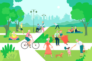 Physical activity of older people in the park. Walking, running, playing with a grandson, cycling, dog walking, yoga, reading a book, gymnastics. The concept of a healthy lifestyle outdoors.