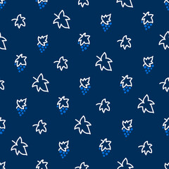 Seamless pattern with grapes in blue and white colors. Light pattern on a dark background with doodles for printing on fabrics, paper, packaging. Vector illustration